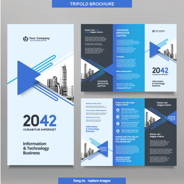 商业宣传册模板在三折叠布局。企业设计单张，可更换形象。图片下载