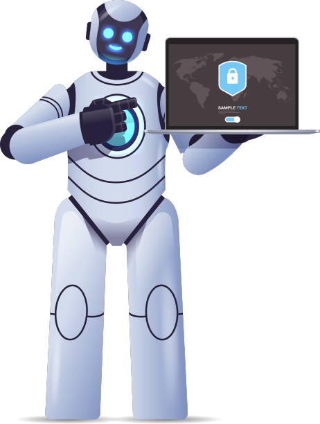 机器人半机械人拿着带有保护罩的笔记本电脑图片下载