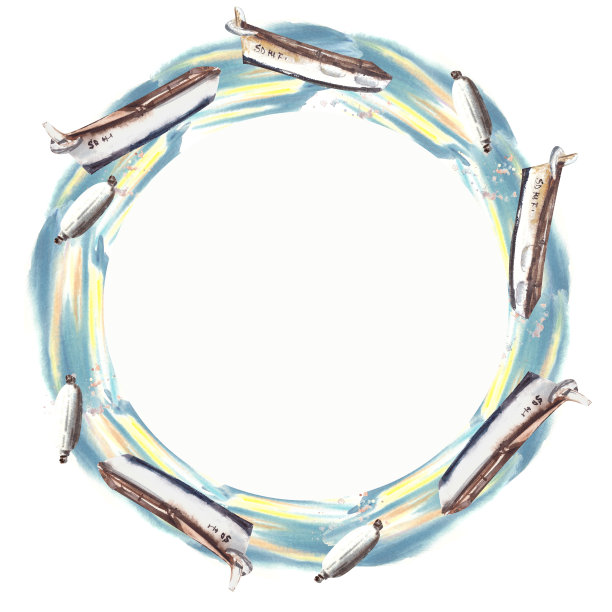 水彩画圆形框架浮标和船只在海上手绘插图在白色的背景图片下载