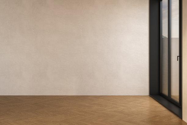 一个空客厅的3d渲染，阳光透过滑动门、木地板和白墙照射进来。翻新，新房子，住房贷款，财产，背景，模型，背景，广告。图片下载