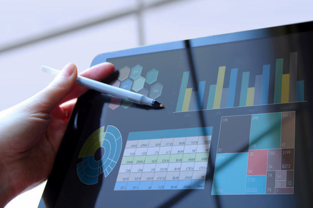 女商人在平板电脑上用图表分析财务数据图片下载