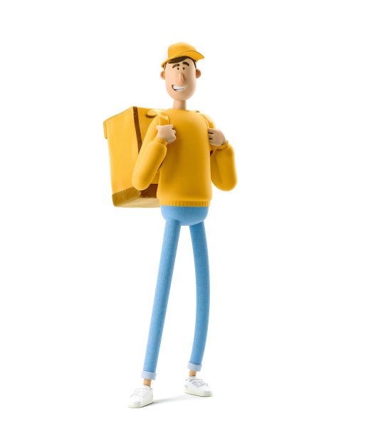 穿黄色制服的快递员拿着保温袋站在那里。3 d演示。卡通人物。图片下载
