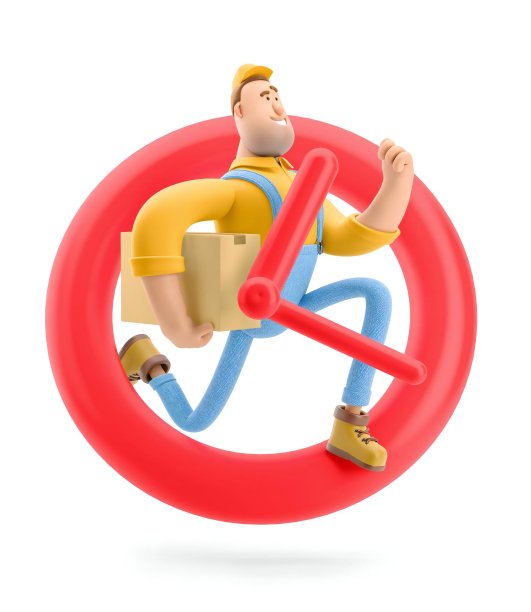 快递员手里拿着包裹跑了。3 d演示。卡通人物。快递理念。秒表图标。图片下载