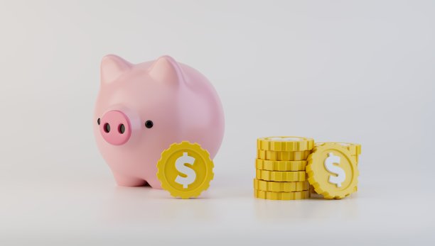 中央有一个储蓄罐，上面有美元硬币-储蓄图片下载