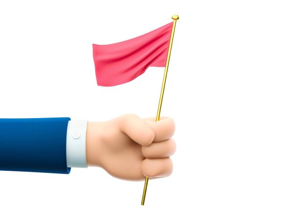 卡通商人人物手持小红旗。3 d演示。图片下载