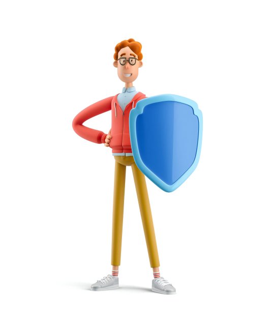 带着盾牌的书呆子拉里。3 d演示。安全保护理念。图片下载