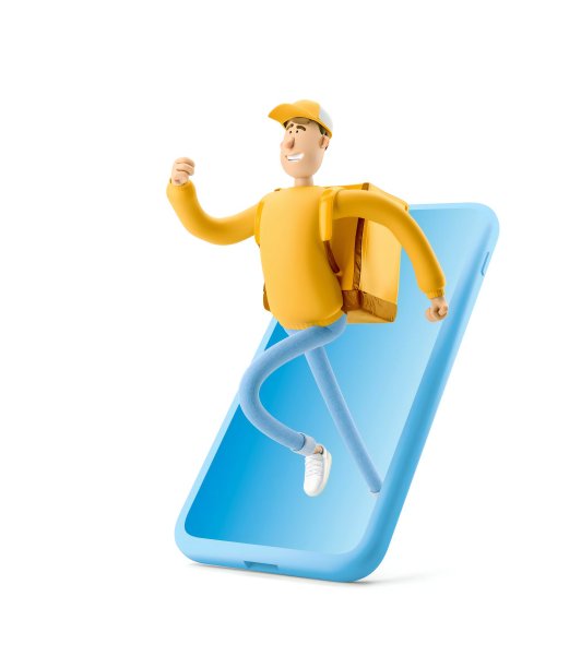 穿黄色制服的快递员拿着大袋子站在那里。3 d演示。卡通人物。快递在线配送理念。图片下载