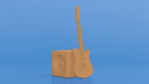 吉他和组合放大器，扬声器，耳机在彩色背景。三维渲染图片下载