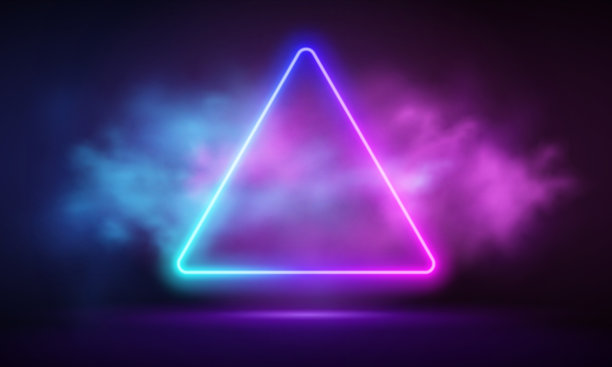 发光的霓虹灯绿色三角形与充满活力的雾抽象背景。电动灯架。几何时装设计矢量插图。空的最小艺术装饰。80年代霓虹灯三角形框架，三角形造型，镂空，紫外光图片下载