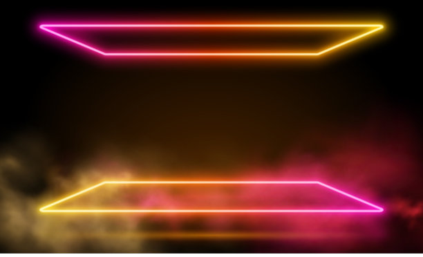 发光的霓虹粉色方块与充满活力的雾抽象背景。电动灯架。几何时装设计矢量插图。空的最小艺术装饰。80年代霓虹灯方形框架，方形造型，镂空，紫外光图片下载