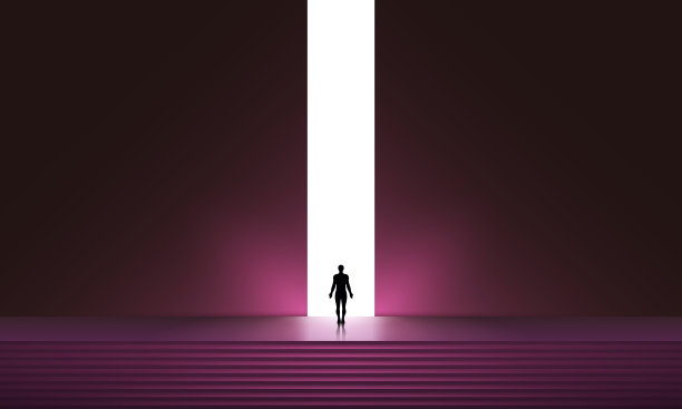 人的剪影在发光的门户，未来的矢量背景，抽象赛博朋克建筑与梯度照明。新的可能性，希望-企业寻找解决方案的矢量概念-商人站在黑暗中，象征光明的最后图片下载