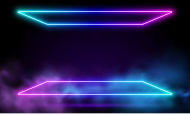 发光的霓虹粉色方块与充满活力的雾抽象背景。电动灯架。几何时装设计矢量插图。空的最小艺术装饰。80年代霓虹灯方形框架，方形造型，镂空，紫外光图片下载