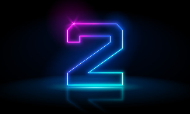 3d渲染，二号在暗蓝色的霓虹灯下发光。抽象宇宙充满活力的彩色数字霓虹灯。发光的霓虹灯在黑暗的背景。数字未来风格图片下载