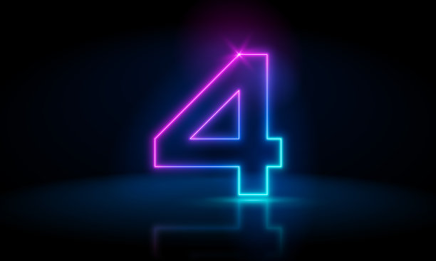 3d渲染，四号在暗蓝色的霓虹灯下发光。抽象宇宙充满活力的彩色数字霓虹灯。发光的霓虹灯在黑暗的背景。数字未来风格图片下载
