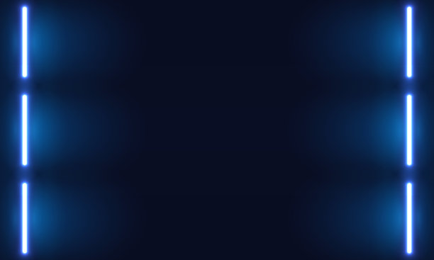 蓝色霓虹灯矢量，背光底墙与荧光灯，霓虹灯矢量，辐射，黑暗背景与地方在霓虹灯的文字。卤素灯或led灯元素为夜间聚会或游戏设计。图片下载