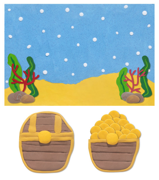 宝箱在海底与珊瑚海藻石背景制成的橡皮泥与对象平面设计师使用图片下载