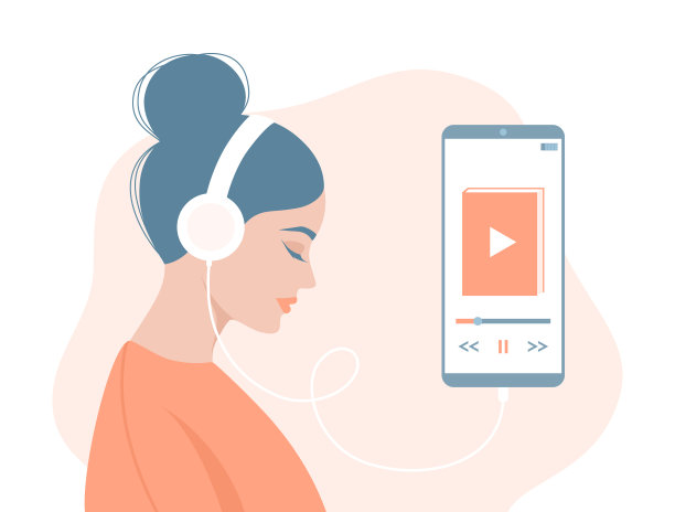 一个正在听有声书的女人。年轻女子的侧影，戴着耳机和智能手机，屏幕上有有声读物应用程序。平面矢量图图片下载