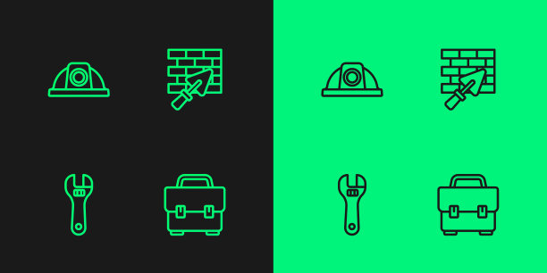 设置线工具箱，活动扳手，工人安全帽和砖墙上的泥刀图标。向量图片下载