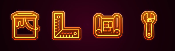 设置线油漆桶，角尺，房屋平面图和活动扳手。发光的霓虹灯图标。向量图片下载