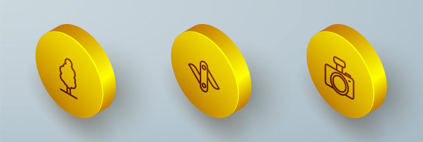 设置等距线树，瑞士军刀和照片相机图标。向量图片下载