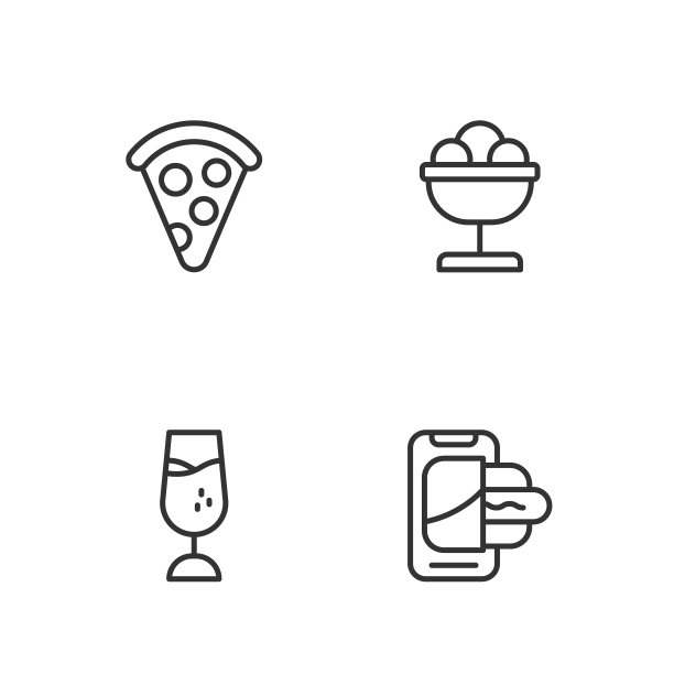 设置行食品订购移动，酒杯，披萨片和冰淇淋碗图标。向量图片下载