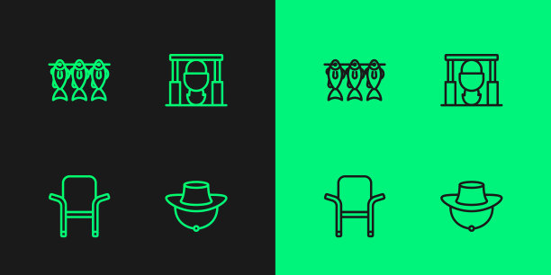 集线渔夫帽，野营折叠椅，干鱼和篝火和锅图标。向量图片下载