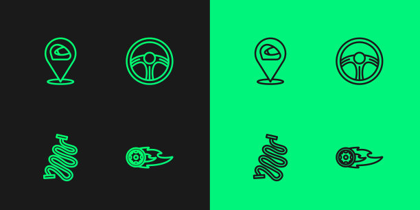 设置线车轮在火焰，赛道，头盔和方向盘图标。向量图片下载