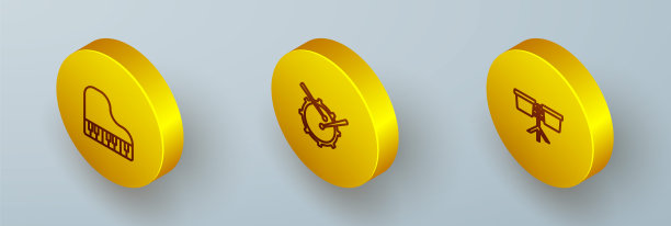 设置等距线大钢琴，鼓与鼓棒和邦戈图标。向量图片下载