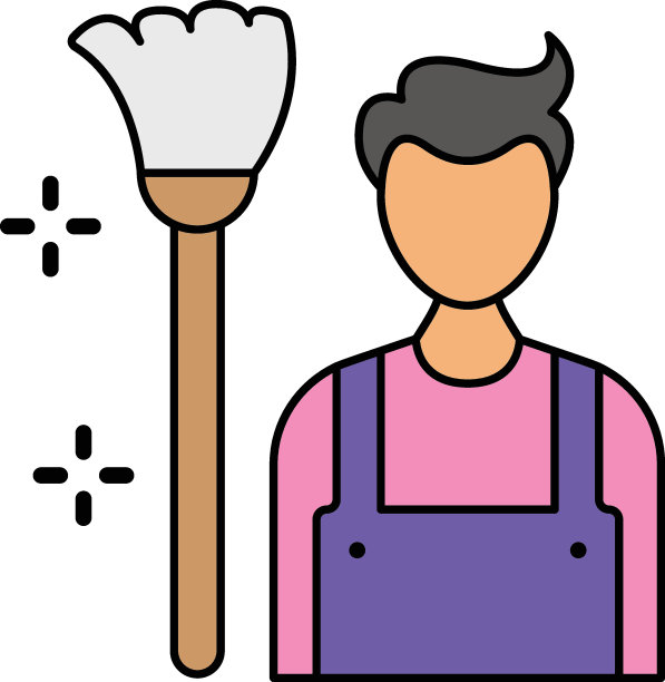 清洁工或看门人矢量颜色设计，家政标志，办公室管理员标志，搬运工或清洁设备库存插图，男仆与扫帚的概念图片下载