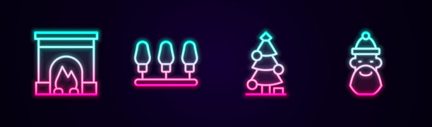 室内壁炉，圣诞灯，圣诞树和圣诞老人的帽子和胡子。发光的霓虹灯图标。向量图片下载