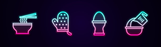 将亚洲面条放入碗中，烤箱手套，鸡蛋放在架子上，量杯。发光的霓虹灯图标。向量图片下载