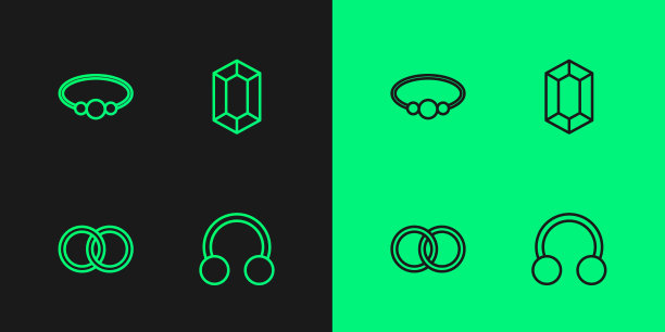 集线穿刺，结婚戒指，手镯珠宝和宝石石图标。向量图片下载