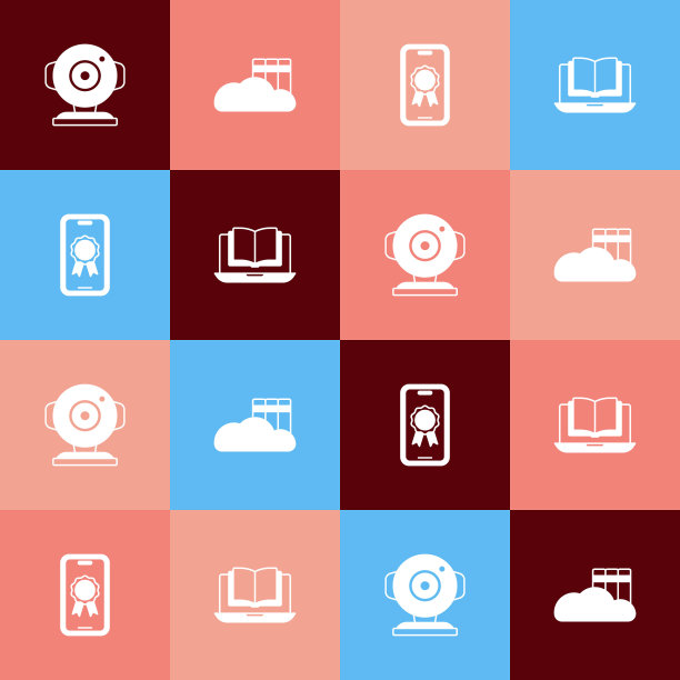 设置波普艺术网络相机，云或在线图书馆，在线教育与文凭和班级图标。向量图片下载