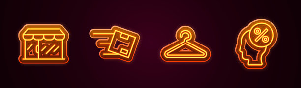 设置线市场商店，位置与纸板箱，衣架衣柜和折扣百分比标签。发光的霓虹灯图标。向量图片下载