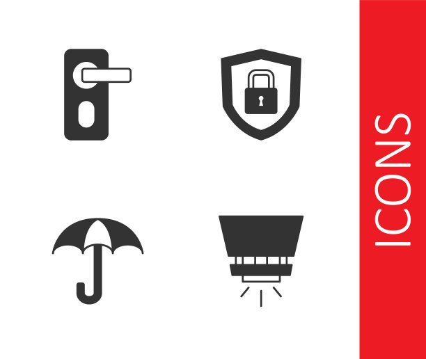 设置消防喷淋系统，指纹门锁，伞和盾牌安全图标。向量图片下载