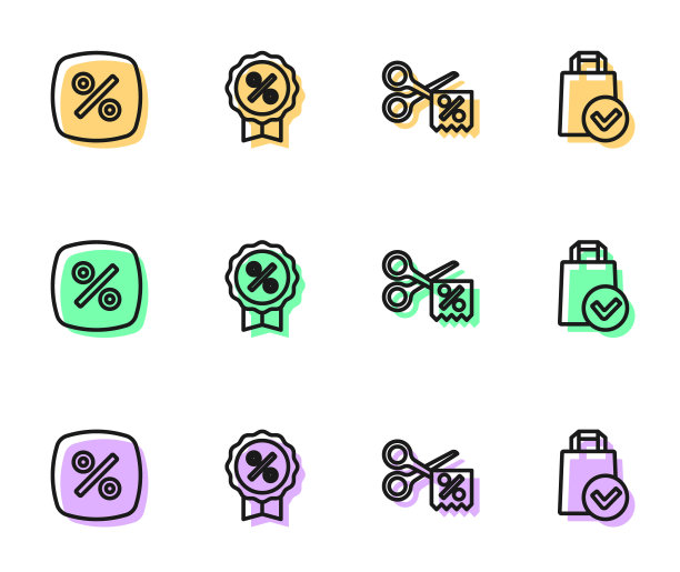 设置线剪刀削减折扣优惠券，折扣百分之标签，和纸购物袋图标。向量图片下载