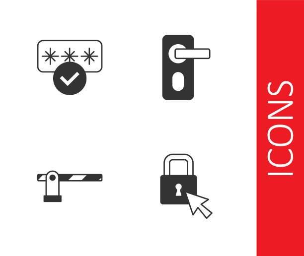设置锁，密码保护，停车车屏障和指纹门锁图标。向量图片下载