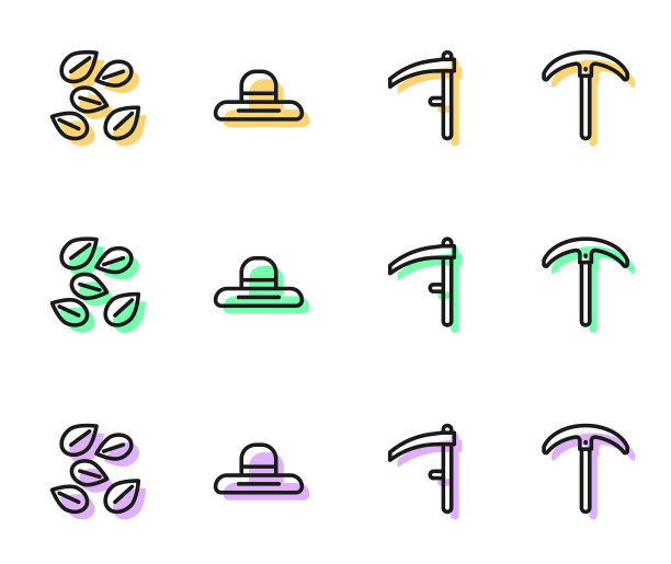 设置线镰刀，特定植物的种子，农民工人的帽子和鹤嘴锄图标。向量图片下载