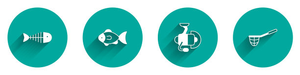 集鱼骨架，纺纱卷轴钓鱼和渔网图标与长阴影。向量图片下载