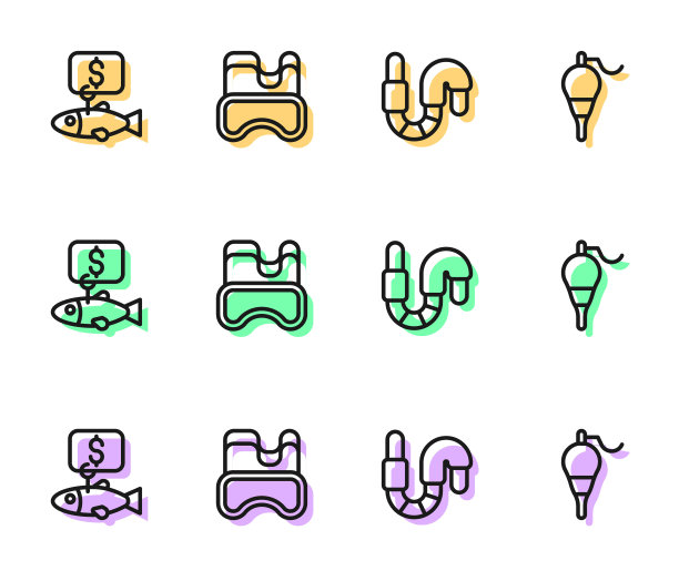 设置线蠕虫，价格标签的鱼，潜水面具和钓鱼浮动图标。向量图片下载