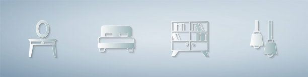 设置梳妆台，大床，图书馆书架和吊灯。纸艺风格。向量图片下载