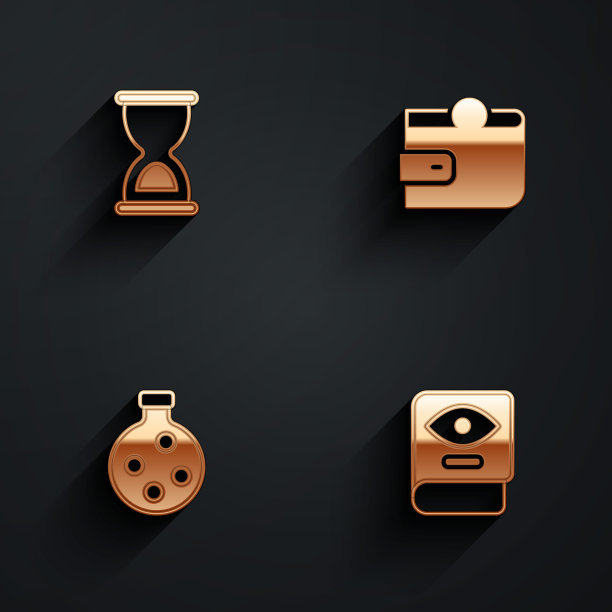 设置旧沙漏，钱包，瓶子与药水和古老的魔法书图标与长阴影。向量图片下载