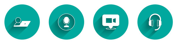 设置视频聊天会议、麦克风和耳机图标长阴影。向量图片下载