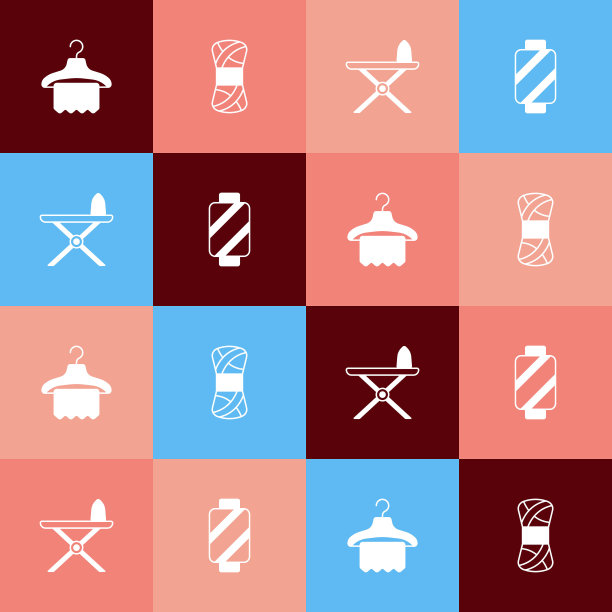 集流行艺术衣架衣橱，纱线，电熨斗和熨衣板和缝纫线线轴图标。向量图片下载