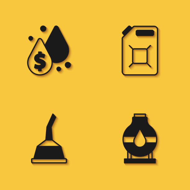 设置有美元符号的油滴，油箱储存，汽油机油罐和长阴影的汽油图标。向量图片下载