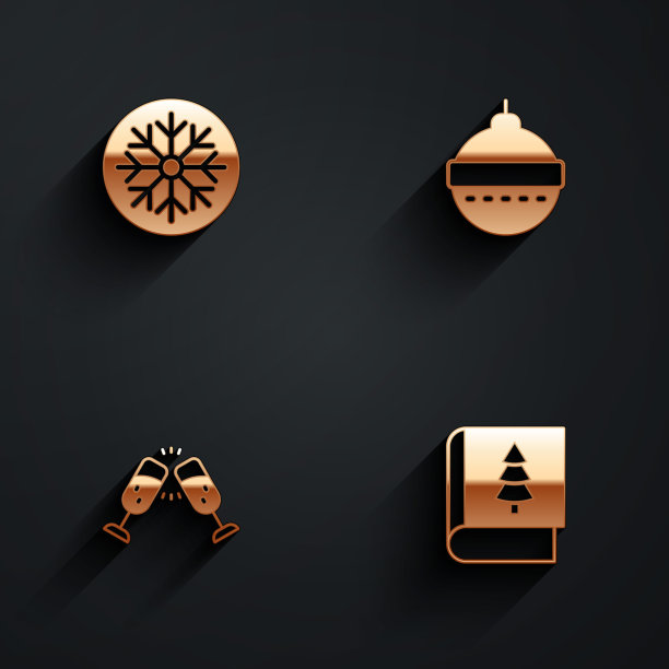 集雪花，圣诞球，香槟杯和书的图标与长阴影。向量图片下载