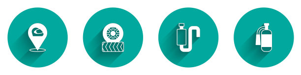 设置赛车头盔，汽车轮胎，消声器和灭火器图标长阴影。向量图片下载