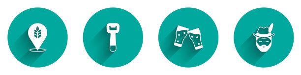 集小麦，开瓶器，啤酒和啤酒节的玻璃男子图标与长阴影。向量图片下载