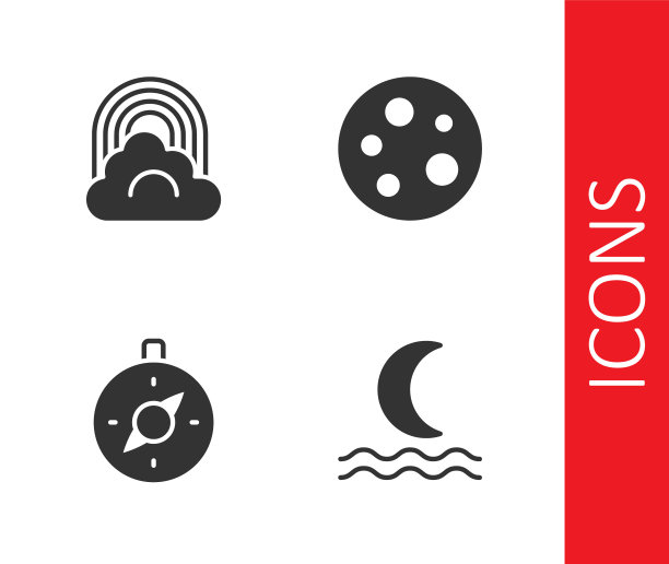 设置夜雾或烟，彩虹与云，指南针和月亮图标。向量图片下载