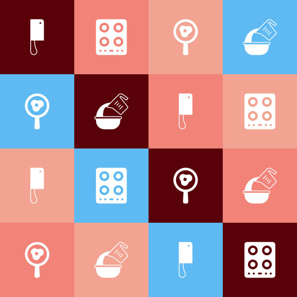 设置流行艺术剁肉刀，煤气灶，煎锅煎蛋和量杯和碗图标。向量图片下载